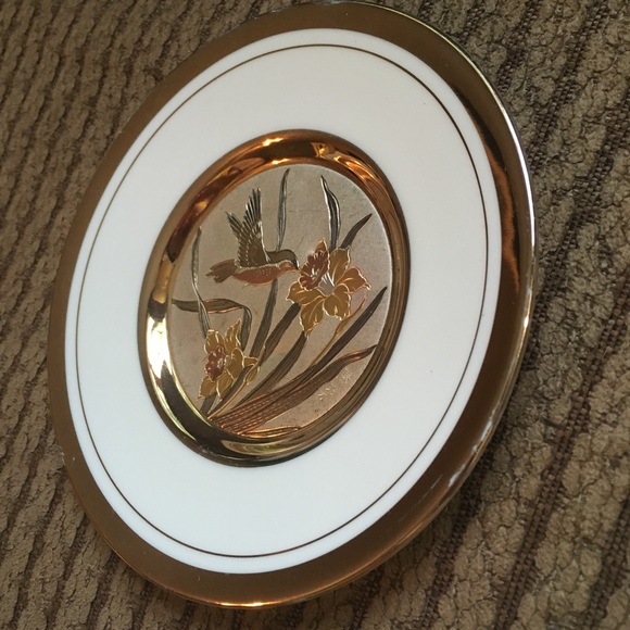 Vintage Chokin Etched copper Gilded Hummingbird Dish 6” - Picture 14 of 15